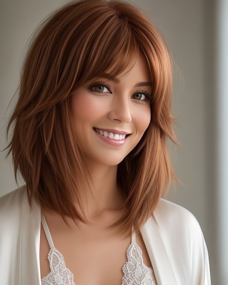 medium length layered hair with curtain bangs